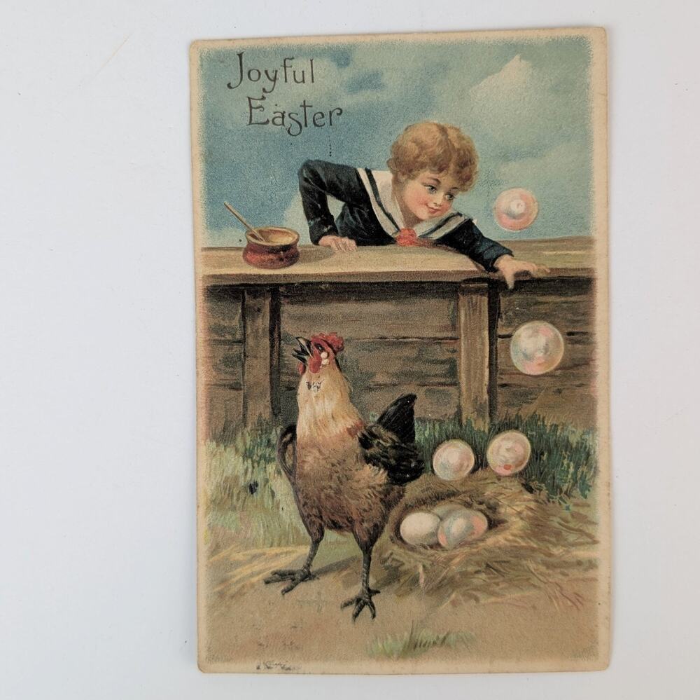 Antique Easter Postcard 1911 Joyful Easter Child Chicken Eggs Embossed Vintage